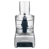 A Cuisinart food processor with a clear bowl, handle, and two buttons labeled \“On\“ and \“Pulse/Off\“ on the front.