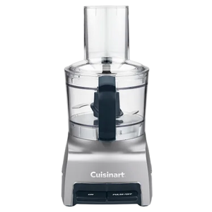 A Cuisinart food processor with a clear bowl, handle, and two buttons labeled \“On\“ and \“Pulse/Off\“ on the front.