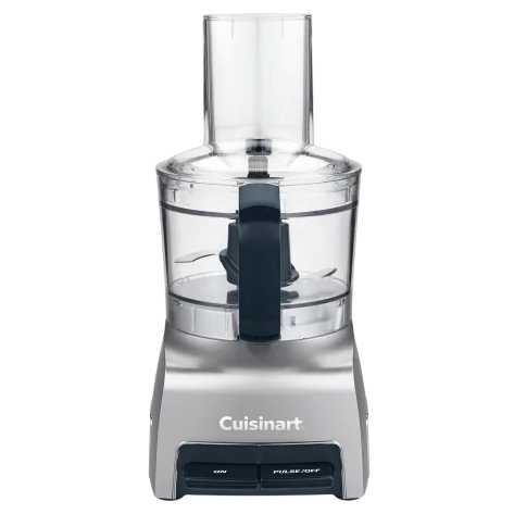 A Cuisinart food processor with a clear bowl, handle, and two buttons labeled \“On\“ and \“Pulse/Off\“ on the front.