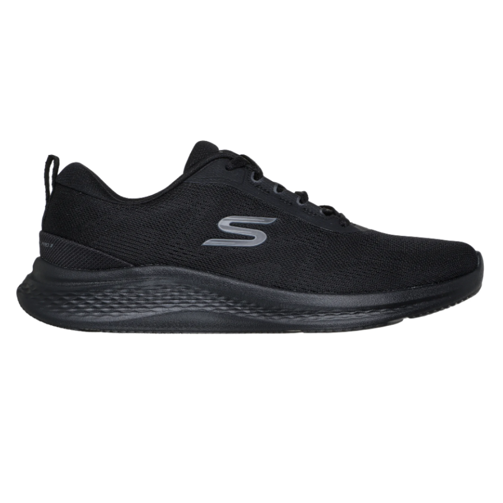 Black athletic shoe with a sleek design and a prominent \“S\“ logo on the side.