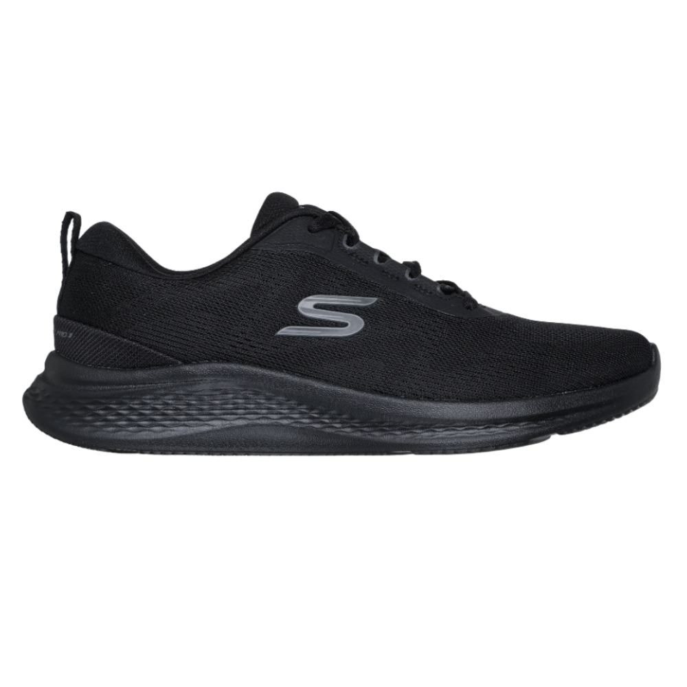 Black athletic shoe with a sleek design and a prominent \“S\“ logo on the side.