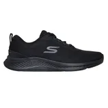 Black athletic shoe with a sleek design and a prominent \“S\“ logo on the side.