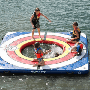 10' x 10' inflatable water party pad with a central cutout for water access, accommodating multiple people wearing life jackets; designed for recreational water play.