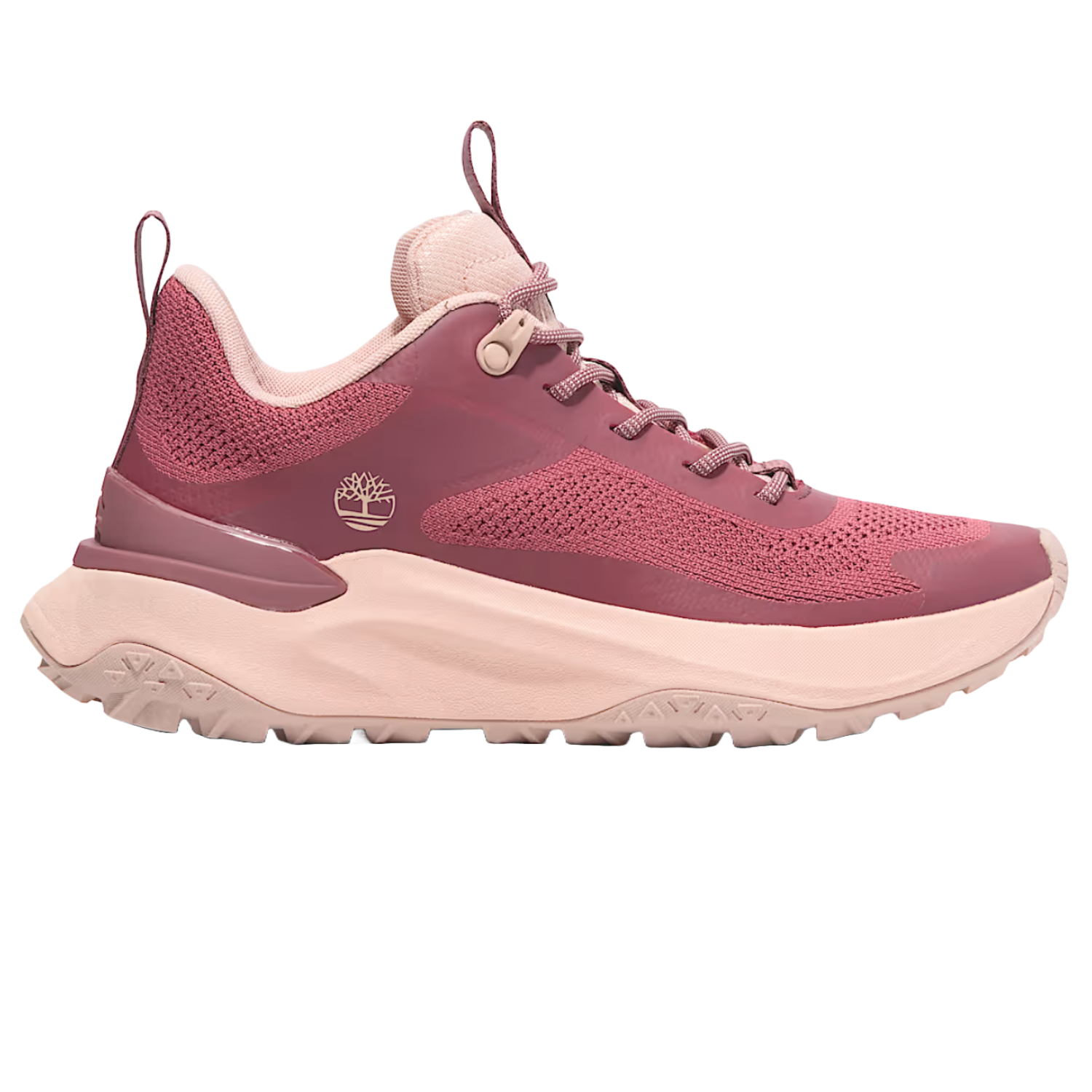 Timberland Motion Access Sneakers feature a stylish design with a pink and mauve color scheme, mesh and synthetic upper, lace-up closure, and a cushioned sole for comfort. The sneaker includes a pull tab at the back and side logo detailing.