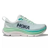 A Hoka running shoe with a gradient design featuring light blue, green, and white colors, and a thick cushioned sole.
