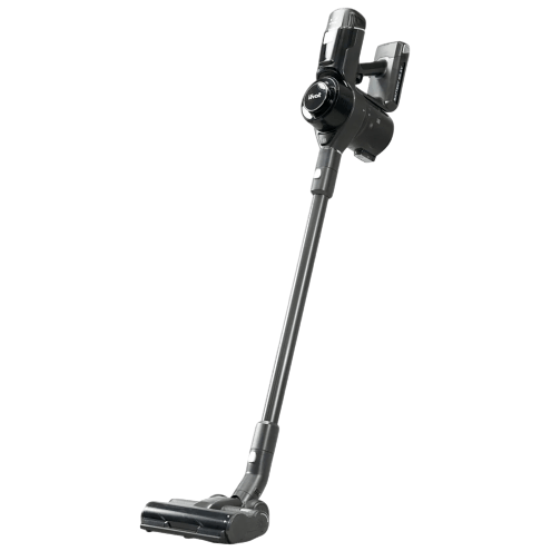 A cordless stick vacuum cleaner with a sleek design, featuring a handheld component and a floor brush attachment.