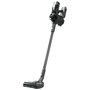 A cordless stick vacuum cleaner with a sleek design, featuring a handheld component and a floor brush attachment.