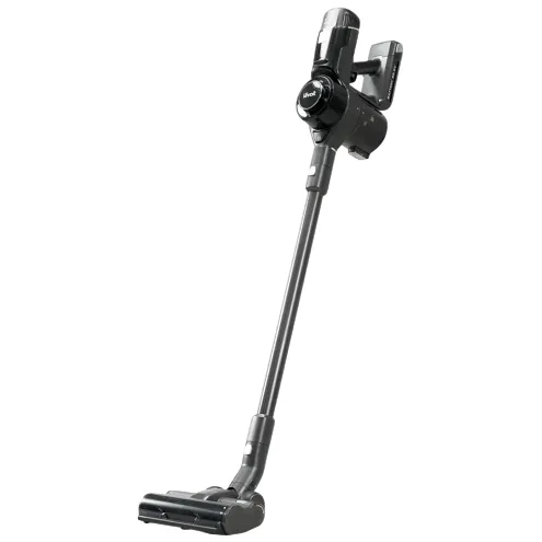 A cordless stick vacuum cleaner with a sleek design, featuring a handheld component and a floor brush attachment.