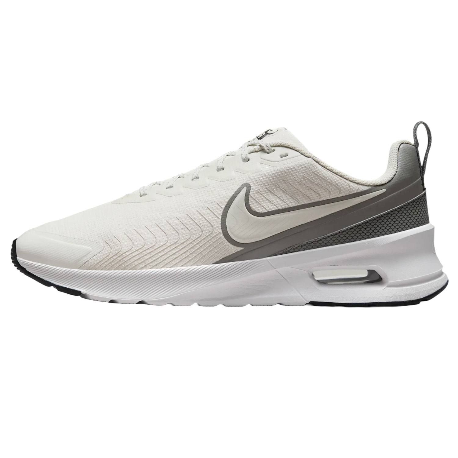 Nike Air Max Winterized Shoes feature a sleek, white design with gray accents and a visible Air unit in the heel for cushioning. The pattern on the upper hints at a weather-resistant build, ideal for colder seasons.