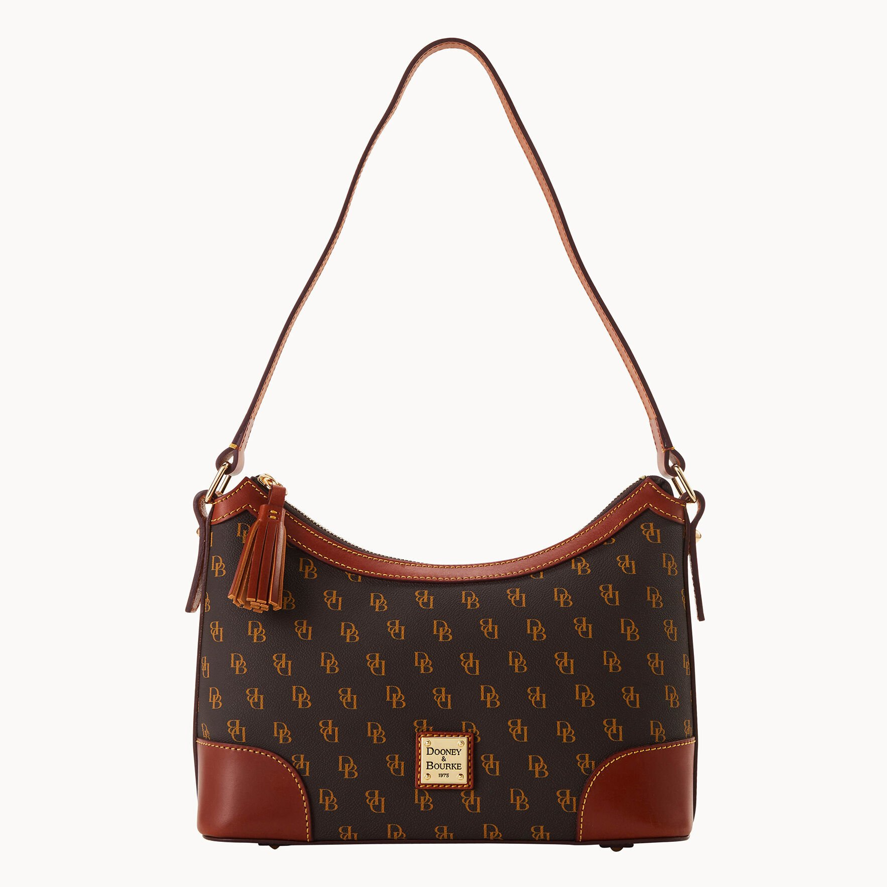 Brown shoulder bag with red-orange trim and an allover, gold-tone monogram print; features a single strap, tassel detail, and a logo plaque.