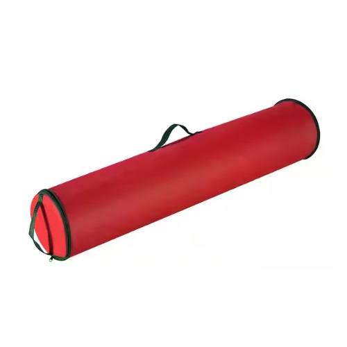A red, cylindrical wrapping paper storage bag with a zipper closure and carrying handle, designed for organizing and transporting rolls of wrapping paper.