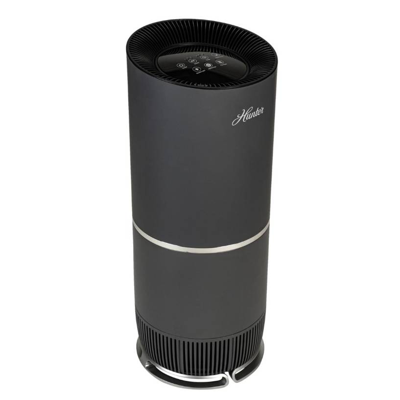 A cylindrical, upright Hunter air purifier in black with a silver band in the middle and top-mounted controls.