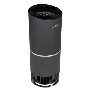 A cylindrical, upright Hunter air purifier in black with a silver band in the middle and top-mounted controls.
