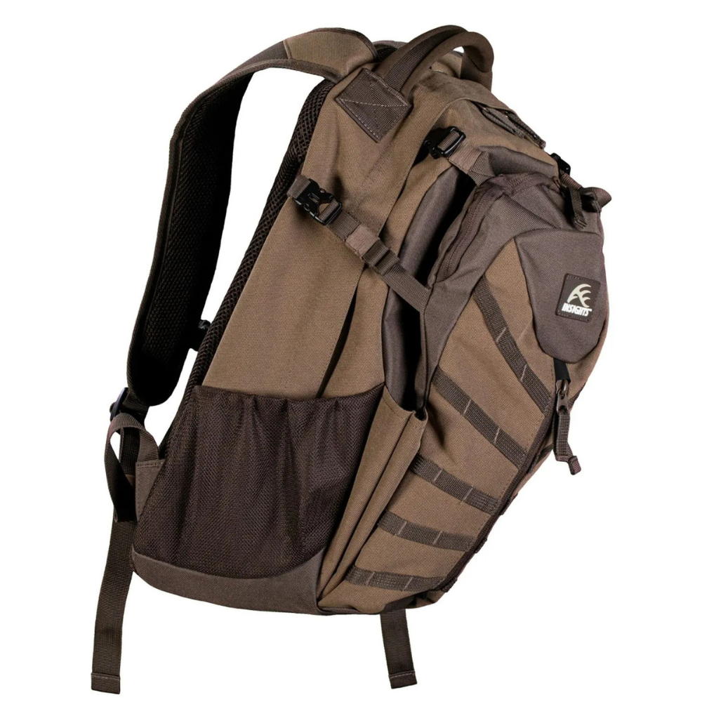 A brown and black tactical backpack with multiple compartments, mesh side pockets, and adjustable straps, featuring a logo on the front.