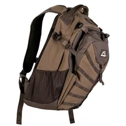 A brown and black tactical backpack with multiple compartments, mesh side pockets, and adjustable straps, featuring a logo on the front.