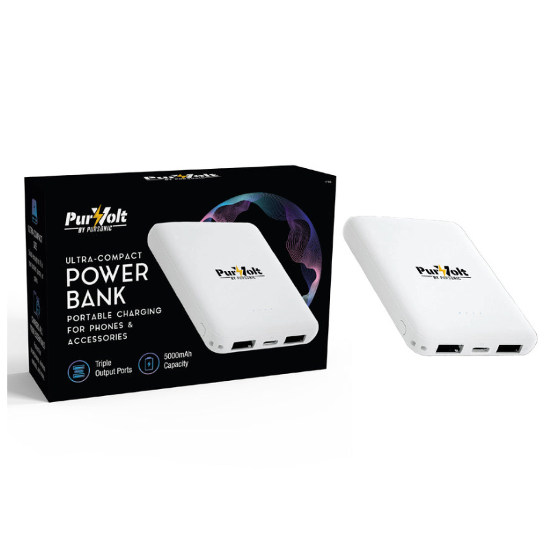 PurZolt by Pursonic ultra-compact power bank with 5000mAh capacity features triple output ports for portable charging of phones and accessories.