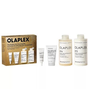 Olaplex Healthy Hair Cleansing Set includes No. 3 Hair Perfector, No. 4 Bond Maintenance Shampoo, No. 5 Bond Maintenance Conditioner, and No. 9 Bond Protector Nourishing Hair Serum.
