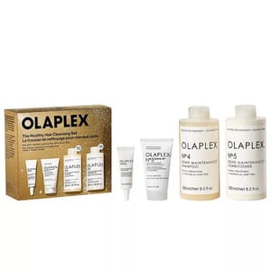 Olaplex Healthy Hair Cleansing Set includes No. 3 Hair Perfector, No. 4 Bond Maintenance Shampoo, No. 5 Bond Maintenance Conditioner, and No. 9 Bond Protector Nourishing Hair Serum.