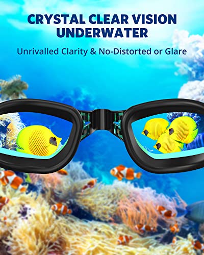 Anti-fog swimming goggles with a wide, clear lens offering undistorted underwater vision and no glare.