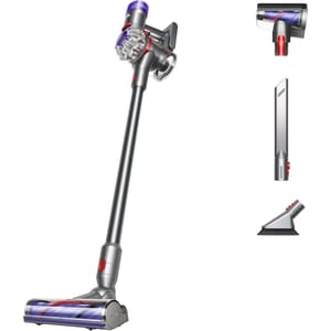 Cordless stick vacuum cleaner with three attachments: motorized cleaner head, crevice tool, and combination brush tool.