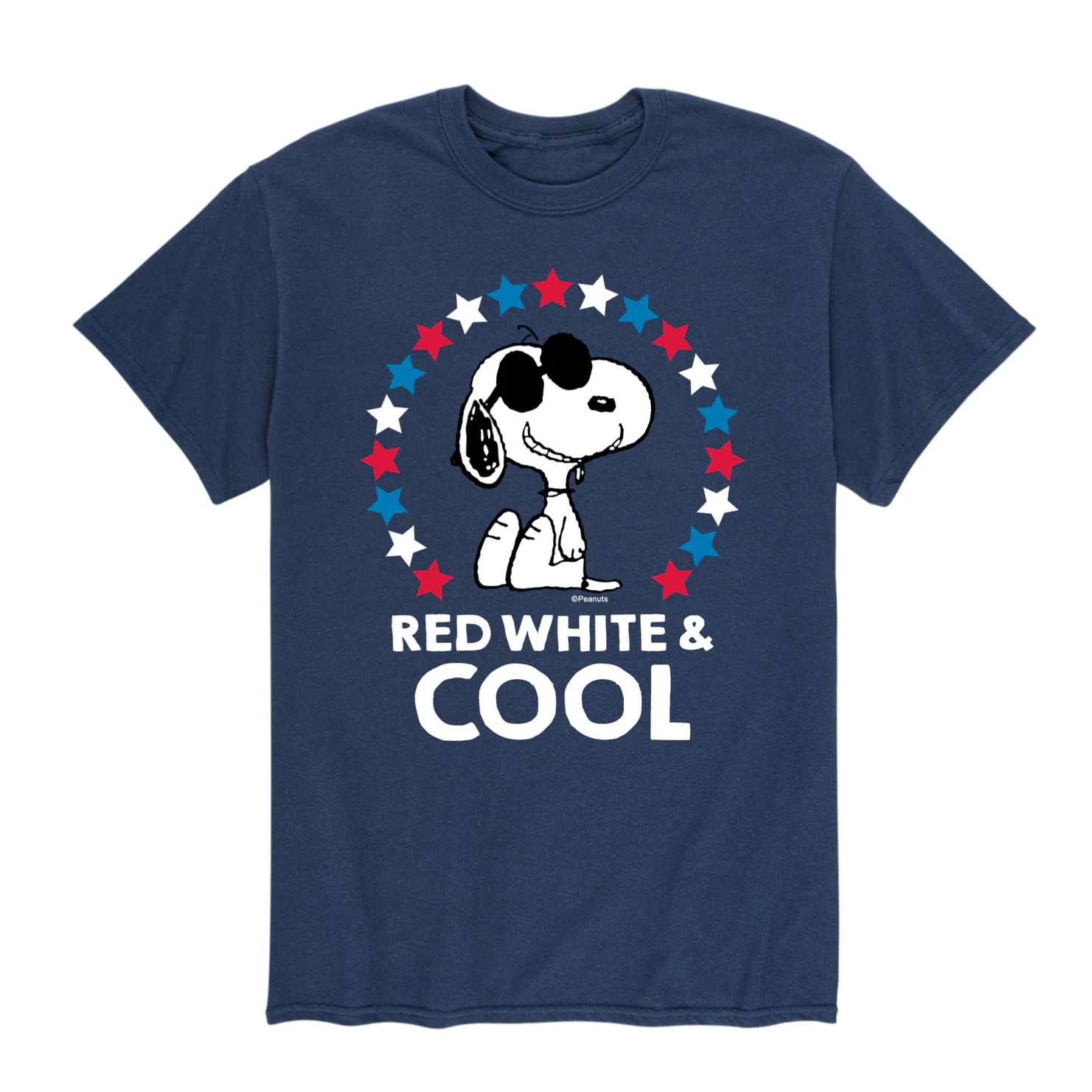 Blue T-shirt featuring Snoopy with sunglasses, surrounded by red, white, and blue stars, and the text \“RED WHITE & COOL.\“