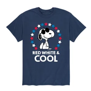 Blue T-shirt featuring Snoopy with sunglasses, surrounded by red, white, and blue stars, and the text \“RED WHITE & COOL.\“