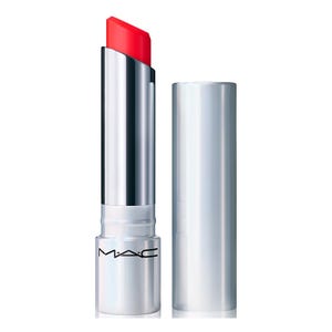 MAC Glow Play Tendertalk Lip Balm is a moisturizing lip balm in a sleek metallic tube, featuring a vibrant red hue.