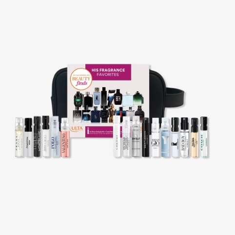 A collection of men's fragrance samples with a travel pouch and a gift card.
