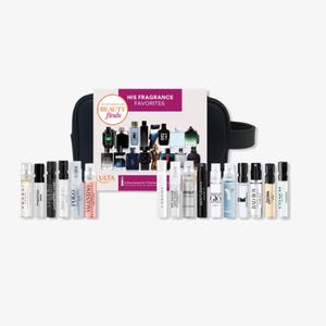 A collection of men's fragrance samples with a travel pouch and a gift card.