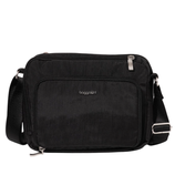A black crossbody bag with silver zippers and the \“Baggallini\“ logo on the front. It features an adjustable shoulder strap and a front zip pocket.