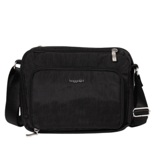 A black crossbody bag with silver zippers and the \“Baggallini\“ logo on the front. It features an adjustable shoulder strap and a front zip pocket.