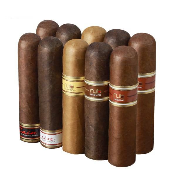 The 10-Cigar Nub Variety Pack includes cigars with different wrappers: Connecticut, Maduro, and Habano, featuring a range of flavors and strengths. Each cigar is labeled with distinct bands indicating its type.