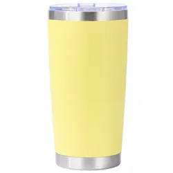 A yellow, stainless steel tumbler with a clear lid.