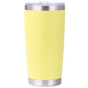 A yellow, stainless steel tumbler with a clear lid.