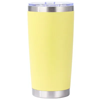 A yellow, stainless steel tumbler with a clear lid.