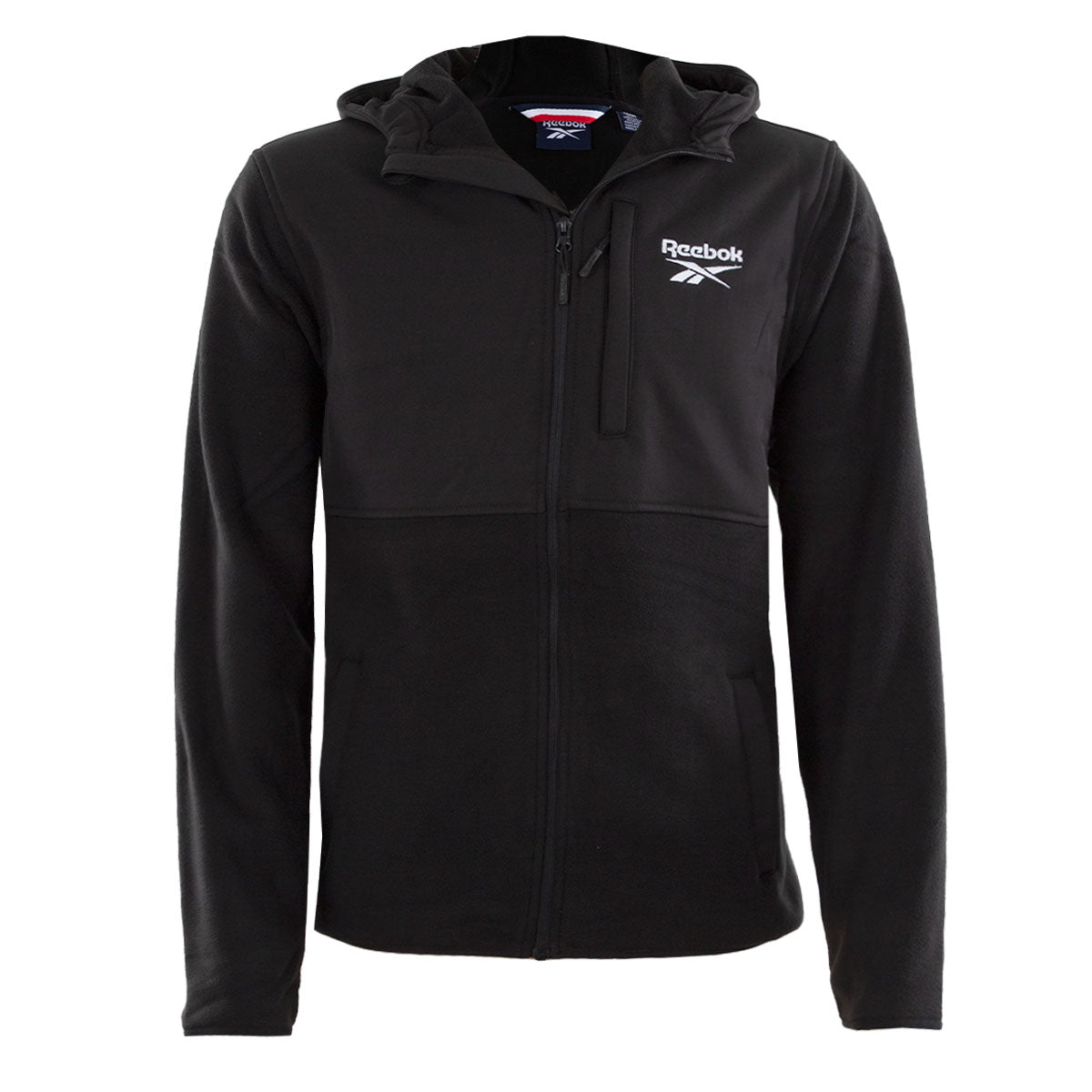 Black Reebok full-zip hoodie with polar fleece material, featuring a hood, zipper pockets, and the Reebok logo on the chest.