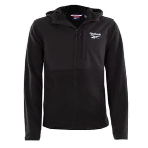 Black Reebok full-zip hoodie with polar fleece material, featuring a hood, zipper pockets, and the Reebok logo on the chest.