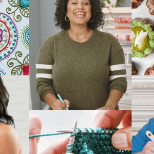 Collage of crafting activities including embroidery, knitting, and what looks like baking or confectionery.