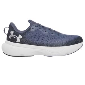 A blue and white athletic shoe with a cushioned sole and lace-up design, featuring a prominent logo on the side.