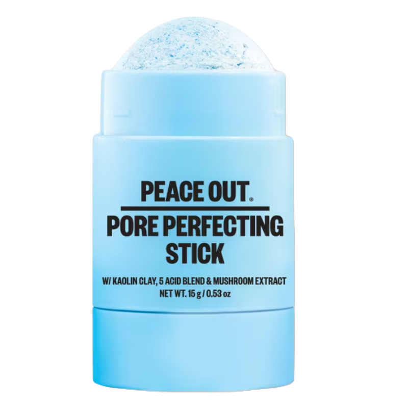 Peace Out Skincare Pore Perfecting Stick is a blue stick with kaolin clay, a blend of five acids, and mushroom extract, designed to refine pores and smooth skin.