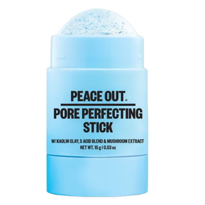 Peace Out Skincare Pore Perfecting Stick is a blue stick with kaolin clay, a blend of five acids, and mushroom extract, designed to refine pores and smooth skin.