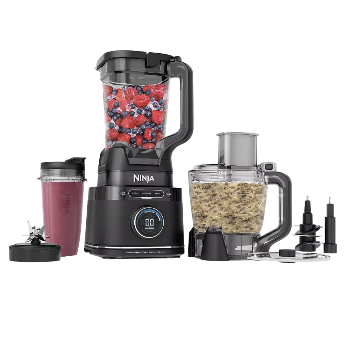 A Ninja multifunction kitchen appliance set includes a blender with berries, a smoothie cup, a food processor with chopped ingredients, and various attachments.