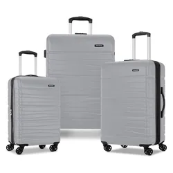 Three gray hard-shell suitcases with telescopic handles and four wheels are shown, varying in size for travel versatility.