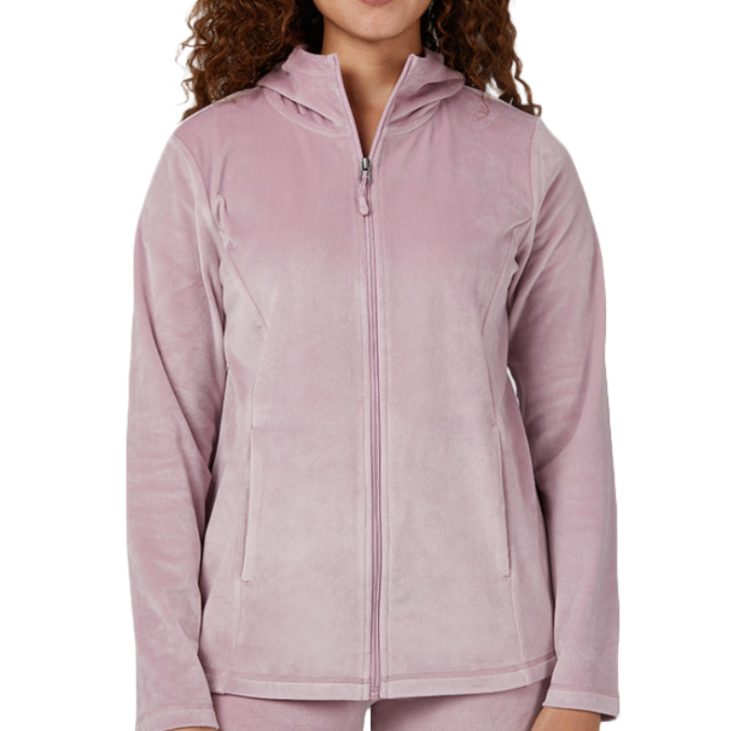 A light pink velour hooded jacket with a full front zipper and long sleeves. It features two side pockets and a soft, plush texture.
