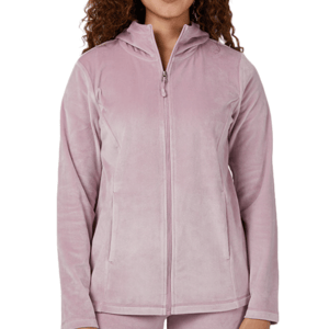 A light pink velour hooded jacket with a full front zipper and long sleeves. It features two side pockets and a soft, plush texture.