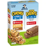 Quaker Chewy and Chewy Dipps granola bars, variety pack with 12 Chocolate Chip, 12 Peanut Butter Chocolate Chip, 10 S'mores, and 24 Chocolatey Covered Chocolate Chip bars; total 58 bars.
