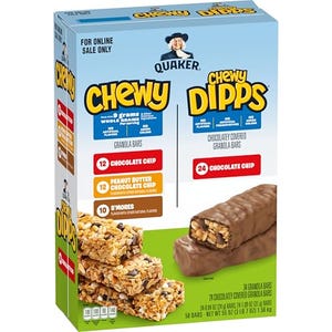 Quaker Chewy and Chewy Dipps granola bars, variety pack with 12 Chocolate Chip, 12 Peanut Butter Chocolate Chip, 10 S'mores, and 24 Chocolatey Covered Chocolate Chip bars; total 58 bars.