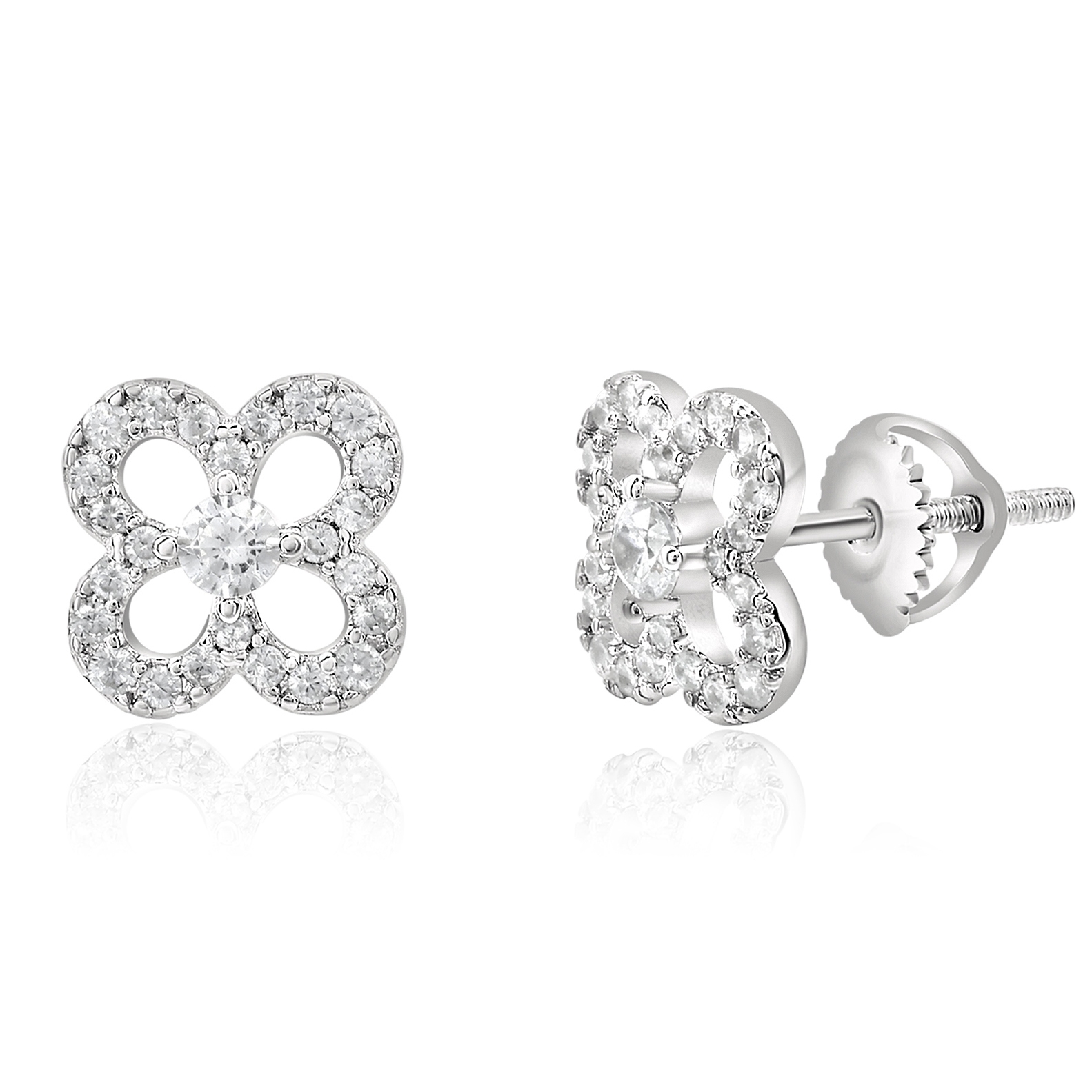 Pair of silver-tone stud earrings with a four-petal flower design adorned with small, sparkling stones, featuring a central round stone and screw-back closure.