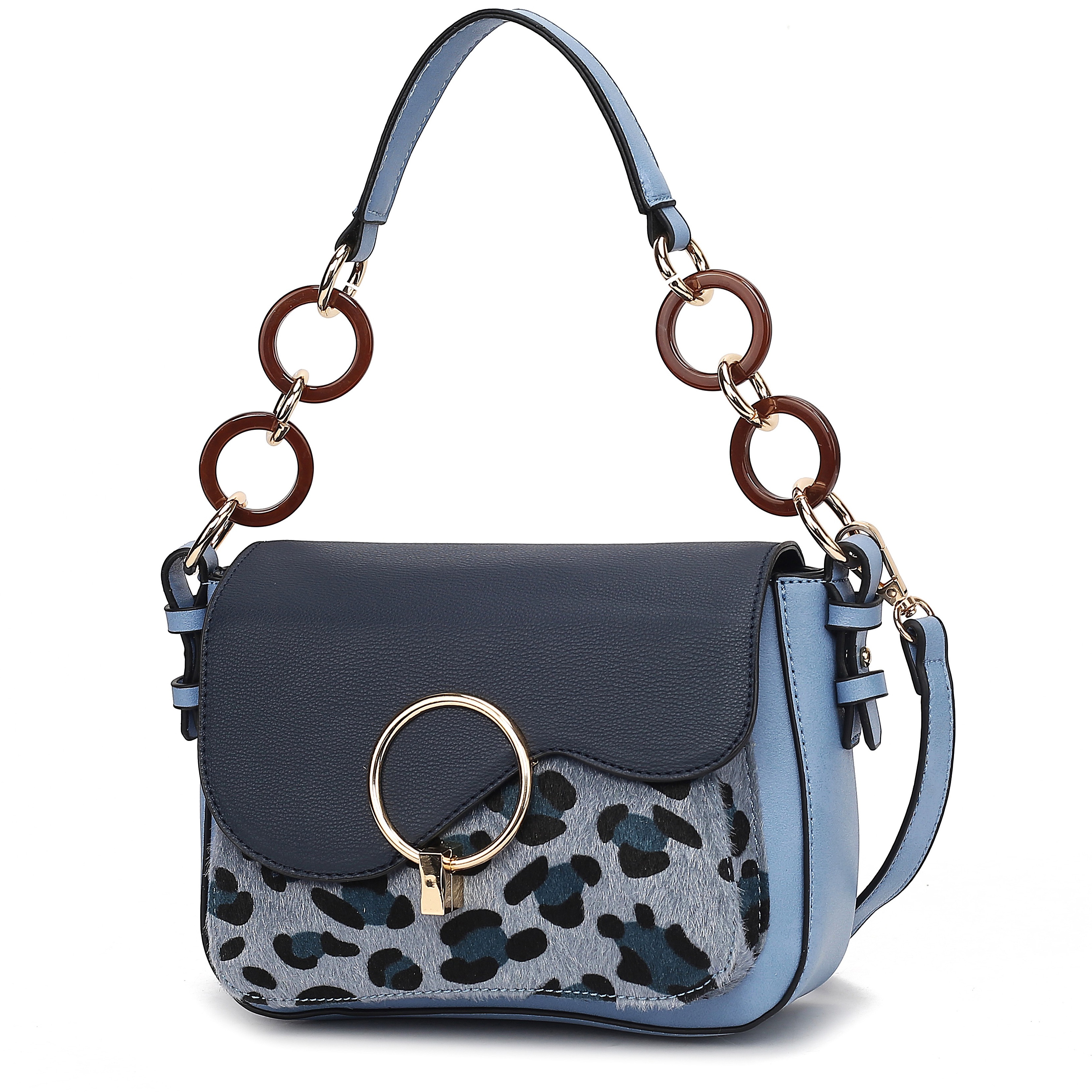 A stylish handbag featuring a dark blue flap, a leopard print design, and a gold circular clasp. The handle consists of looped rings, blending blue and brown tones, with an adjustable strap on the side.