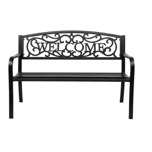 A black outdoor metal garden bench with decorative scrollwork and the word \“WELCOME\“ on the backrest.